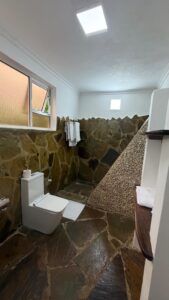 Stone-finished bathroom with shower and toilet at Villa Buffalo Downstairs