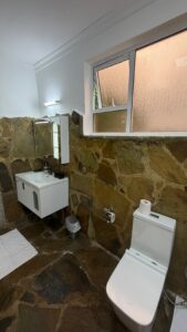 Bathroom vanity and toilet at Villa Buffalo Downstairs