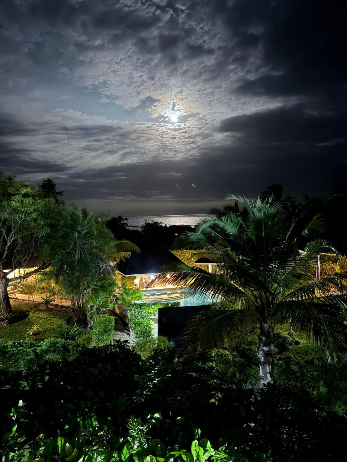 Moonlit tropical gardens, swimming pool and Indian Ocean at Coast Sun Gardens