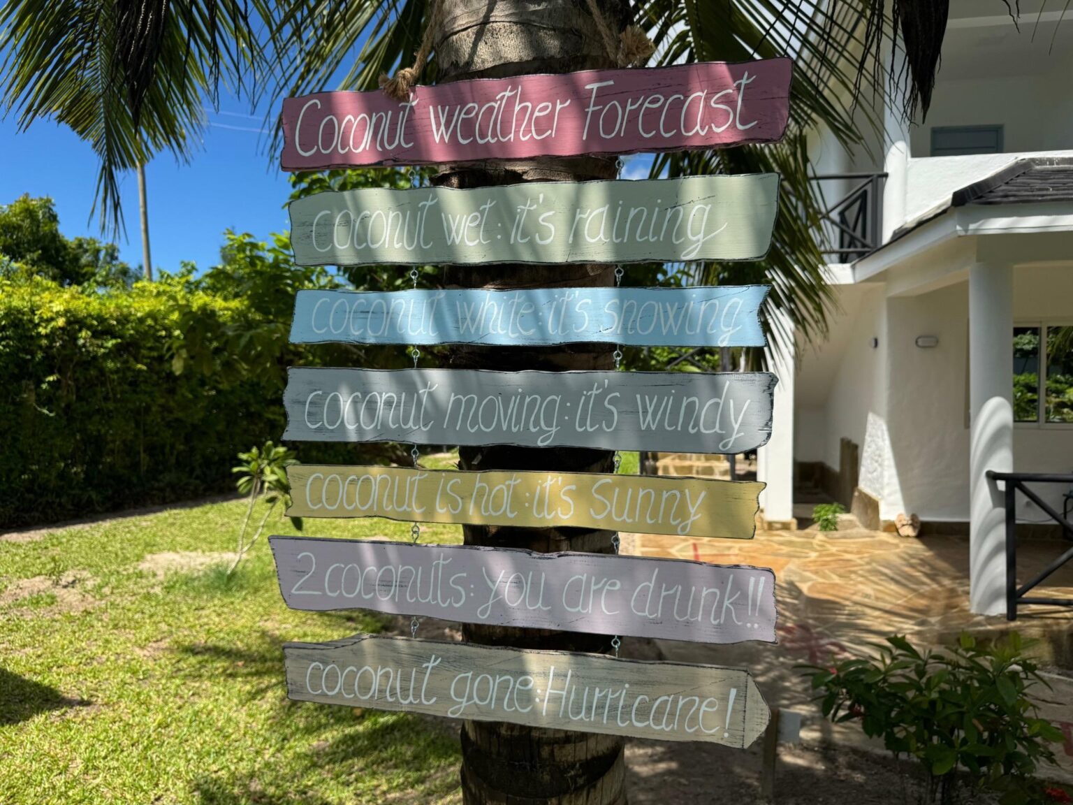 Coconut weather sign in the tropical garden at Coast Sun Gardens