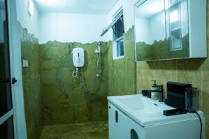Bathroom vanity and walk-in shower at House Tembo